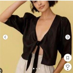 Posse Black Linen Tie Front Short Sleeve Top Blouse